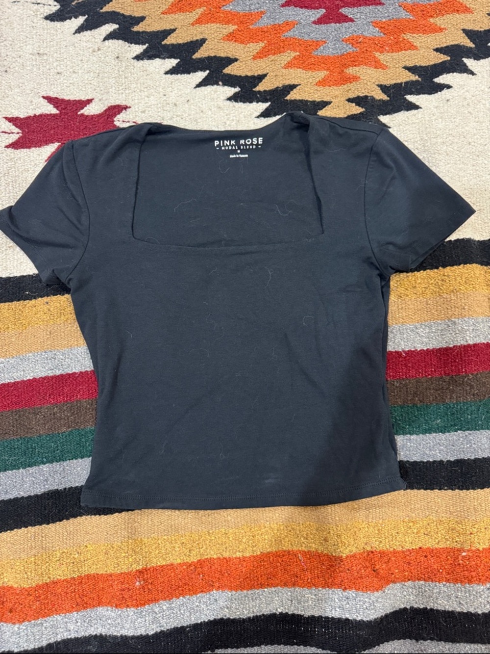 Pink Rose Black Square Neck Short Sleeve Tee